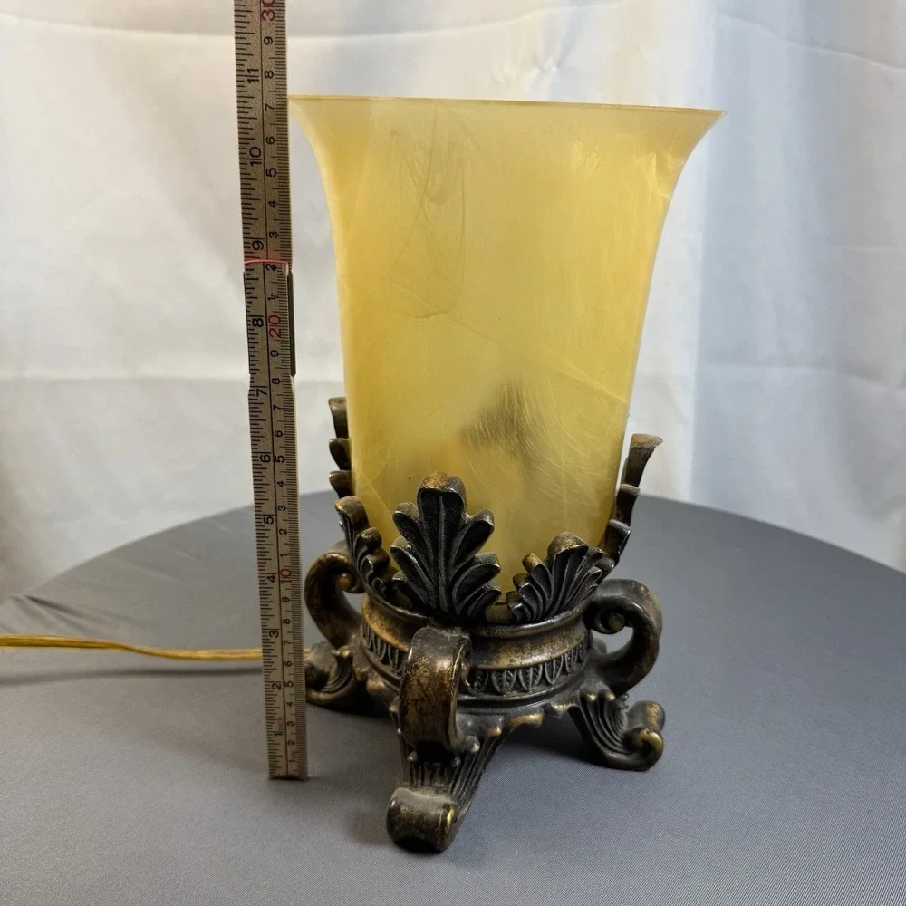 Vintage Brass Lamp Footed Scroll Base and Amber Colored Marbled Shade Works‎